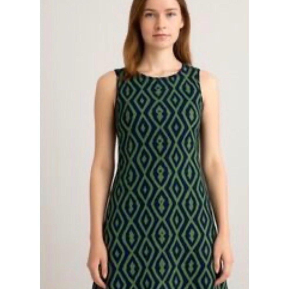 Sleeveless shift dress blue green Moroccan trellis geometric print Jude Connally